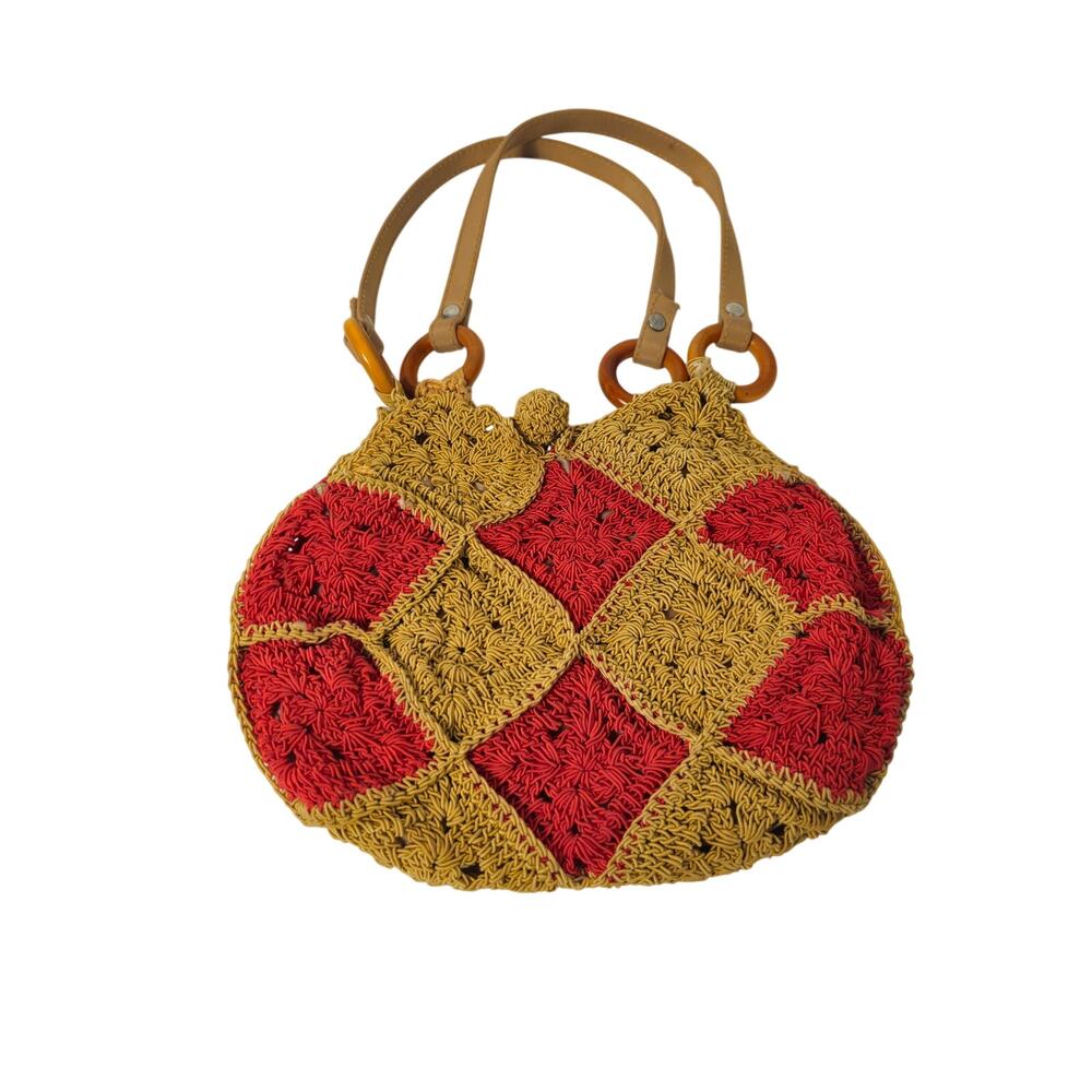 Hand Made crochet bag Boho-Chateau 10" x 7.5" Cream -Red